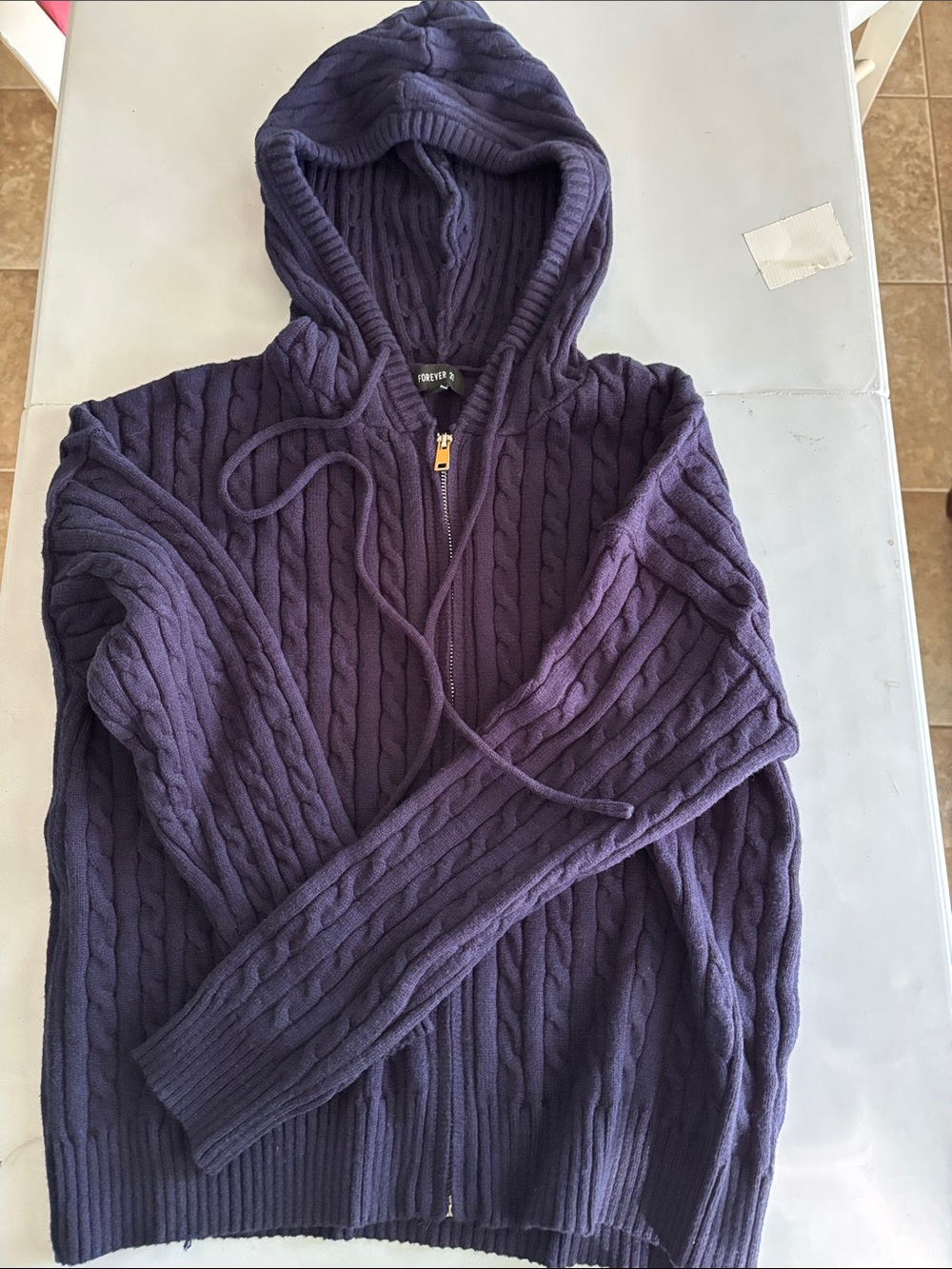 Forever 21 Women’s Dark Navy Blue Cable-Knit Zip Hoodie Size Large